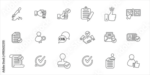 approval icons set. ok, okay, accept, thumbs up, approve, rubber stamp, applause and more. simple line vector