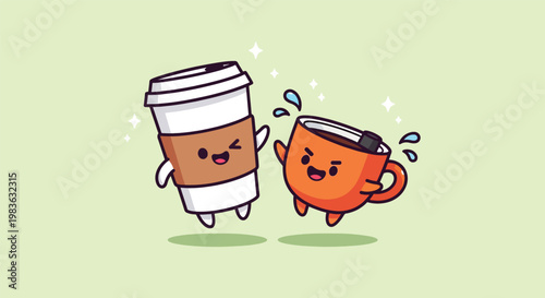 Cute Coffee Cup and Mug Characters High Fiving.