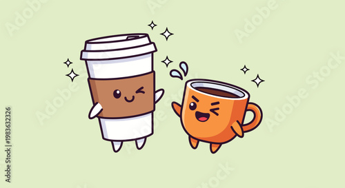 Cute Coffee Cup and Takeaway Mug Cartoon Characters.