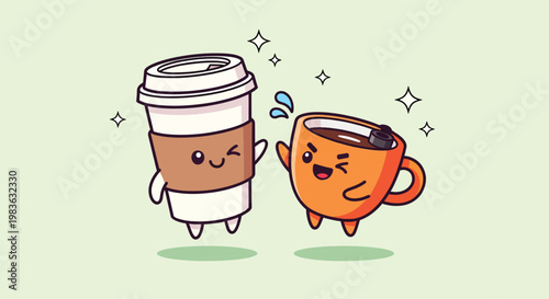 Cute Coffee Cup and Takeaway Cup Characters Waving.