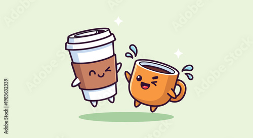 Cute Coffee Cup and Takeaway Mug Friends Jumping Happily.