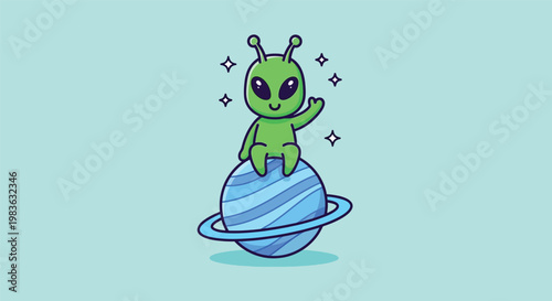 Cute Green Alien Sitting on Planet Waving Hand.