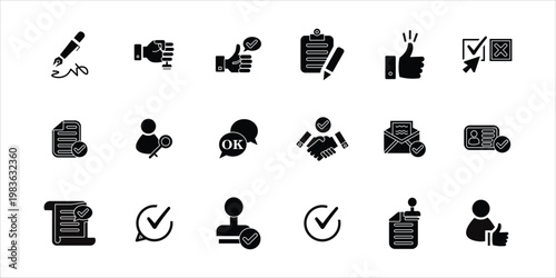 approval icons set. ok, okay, accept, validation, approve, rubber stamp, signature and more. simple solid vector
