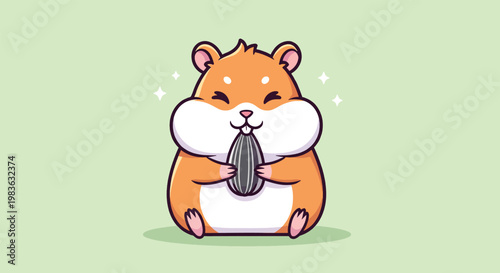 Cute Hamster Eating Sunflower Seed Cartoon Illustration.
