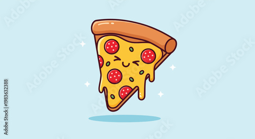Cute Kawaii Pepperoni Pizza Slice Character Illustration.