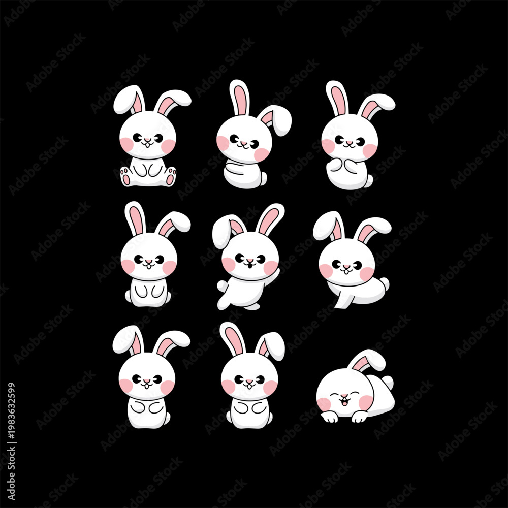 Obraz premium easter bunny with easter eggs, black and white buttons on white Collection of Sixteen Cute Cartoon Bunny Emojis with Various Facial Expressions.