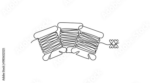Embroidery Floss Bobbins Continuous Line Drawing With Heart Cross Stitch Minimal Monoline Sewing Vector Illustration