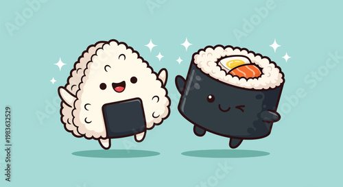Cute Onigiri and Sushi Roll Characters Happy Together.
