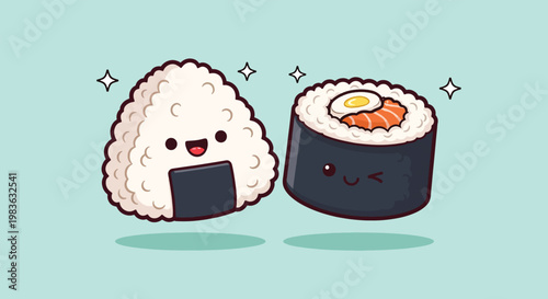 Cute Onigiri and Sushi Roll Characters with Happy Faces.