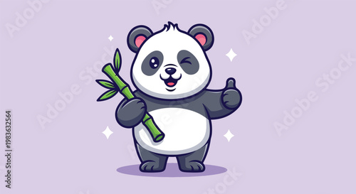 Cute Panda Holding Bamboo and Giving Thumbs Up Cartoon Vector Illustration.