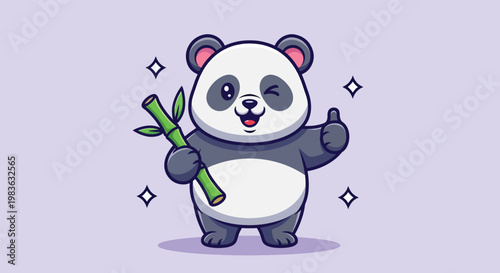 Cute Panda Holding Bamboo Giving Thumbs Up Cartoon Vector.