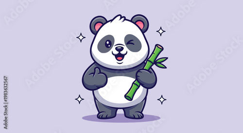Cute Panda Holding Bamboo Giving Thumbs Up.