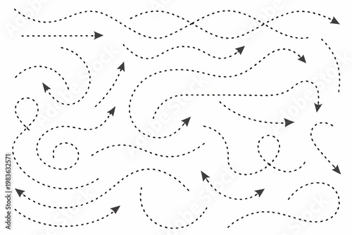 Abstract pattern of curving dotted lines with directional arrowheads