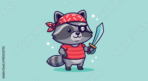 Cute Pirate Raccoon Holding Sword Cartoon Illustration.