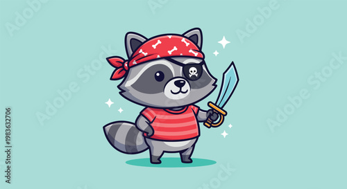 Cute Raccoon Pirate Holding Sword Cartoon Illustration.