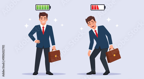 Energetic Businessman vs Exhausted Businessman with Battery Indicators.