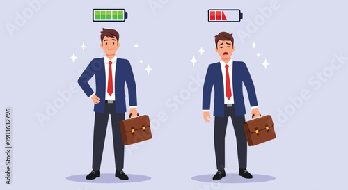 Energetic Businessman vs Tired Businessman Battery Level Comparison.