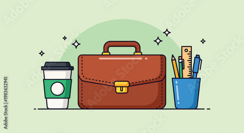 Professional Briefcase with Coffee and Stationery.
