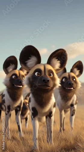 Wild dogs in action african savanna wildlife natural habitat close-up view animal behavior