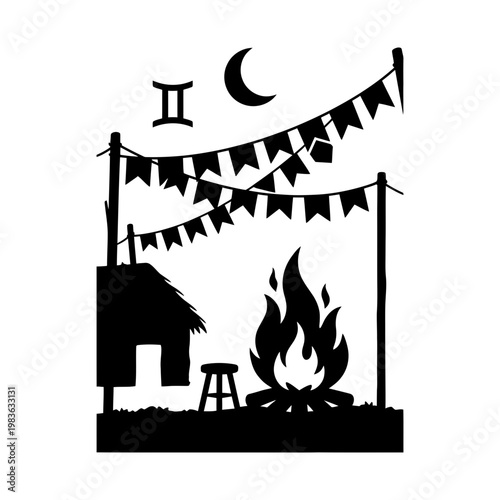 Festa Junina night scene with bunting bonfire moon and straw hut