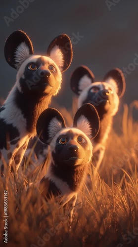 Wild dogs howl at dusk african savannah golden hour close-up nature