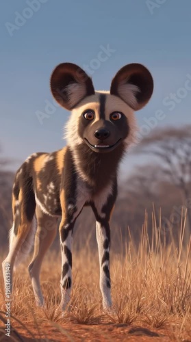 Colorful african wild dog playing in savanna landscape nature scene vibrant environment