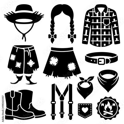 Festa Junina souvenir symbols with postcard tag hat church and boots