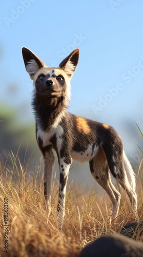 Vibrant wild dog observing its surroundings in the african savanna wildlife habitat