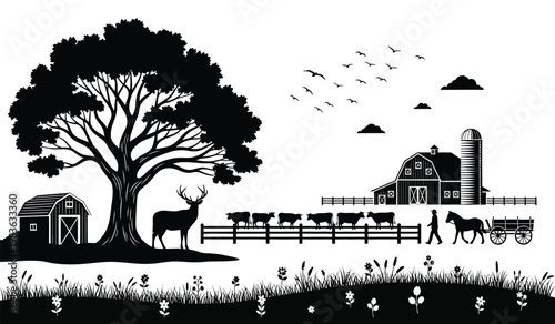A striking black and white illustration depicts a rural landscape with a majestic stag a farm and rolling hills all rendered as a silhouette