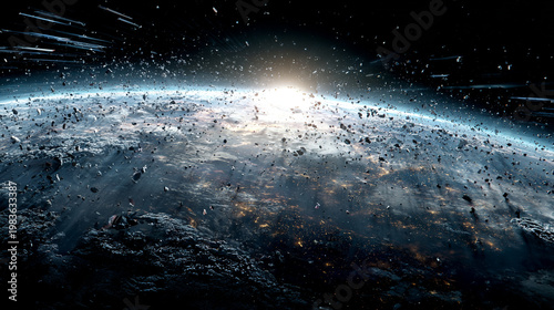 A surreal celestial event depicts a planet engulfed in a debris field with a brilliant sunburst illuminating the scene and streaks of light in the distance