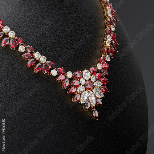 A luxurious necklace of diamonds and rubies on a leather stand in the shape of a bust. Close-up. Jewelry showcase. Side view. 3d rendering.