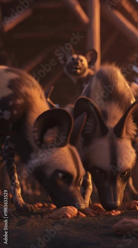 Pack of wild dogs feeding savanna wildlife scene dusk close-up view nature's cycle