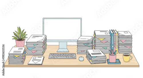 Stacks of paperwork office desk.