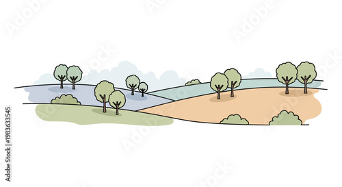 Trees on a landscape with hills.