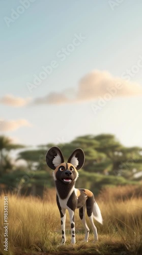 Playful animated wild dog in serene african landscape nature scene art