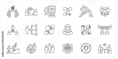 teamwork icons set. team, teamwork, leadership, co worker, cooperation, mentor, help, assstance and more. simple line vector