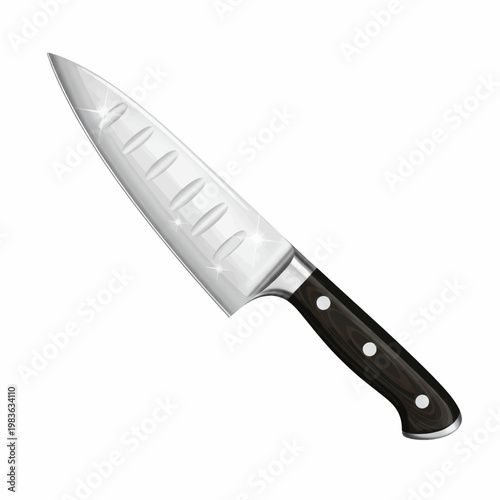 Stainless chef knife with black handle photographed on a plain white background for culinary use.