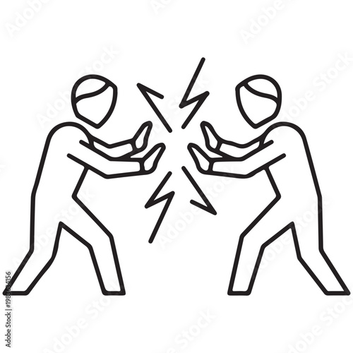 Conflict and disagreement vector icon featuring two people clashing with lightning bolts for business competition concept