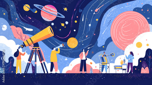 People looking at space through telescopes and instruments with planets and stars in the background