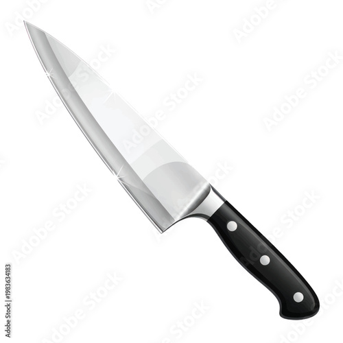 Stainless steel chef knife with black handle on white background, isolated photo.