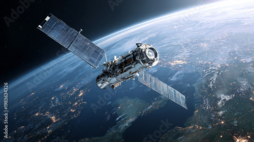 A satellite orbits high above the Earth at night with city lights visible below and stars in the background