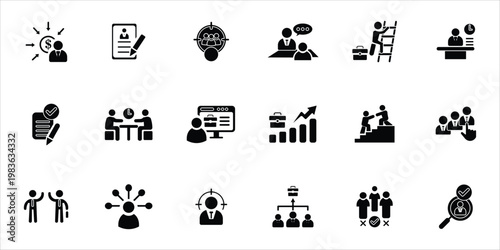 redruitment icons set. candidates, carrer, job, recruit, resume, skill, contract and more. simple solid vector