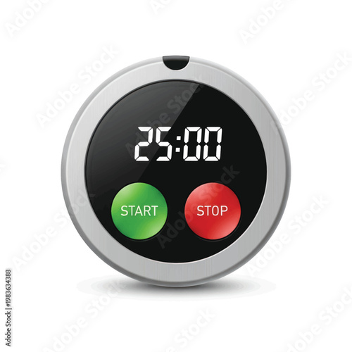 Circular digital timer device displaying a twenty five minute countdown with green start and red stop buttons.