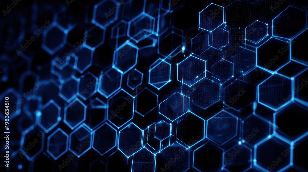 Obraz premium Glowing blue hexagonal lattice structure extends into a digital dark space.