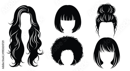 A stylish collection of diverse female hairstyles is presented in a flat vector graphic showcasing various lengths and textures a silhouette high quality professional