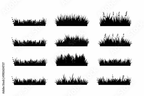 Collection of black silhouette grass patches in varying densities and shapes