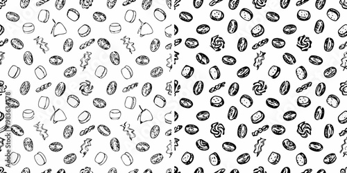 A seamless pattern of various sketched pasta shapes on white