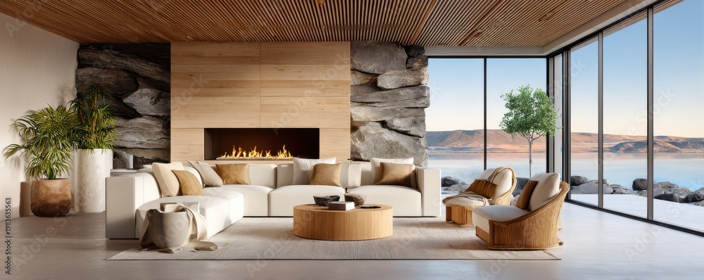 Naklejka premium Modern living room with large white sofa, fireplace and panoramic lake view through floor-to-ceiling windows