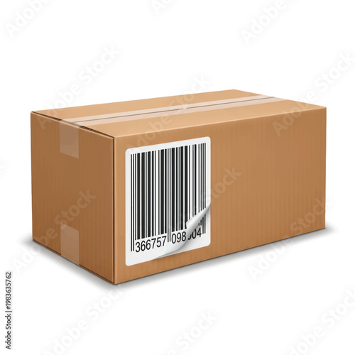 Brown cardboard shipping box with barcode label and tape, ready for storage and transit.