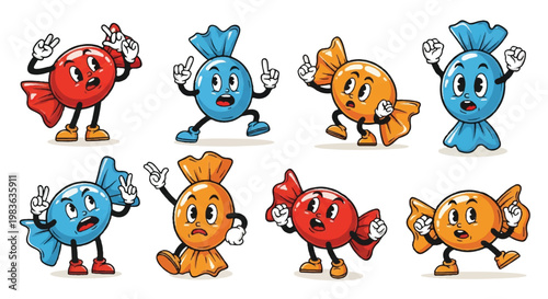 Cartoon candies with animated expressions and poses isolated illustration